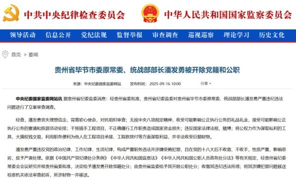 中财所 违反国家法律法规，赌博！贵州省毕节市委原常委、统战部部长潘发勇被“双开”